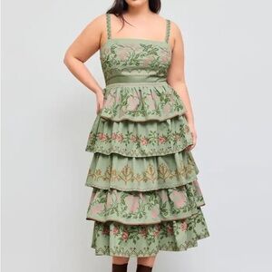Cider Sage Green Tiered Midi Dress with Pink Floral Embroidery